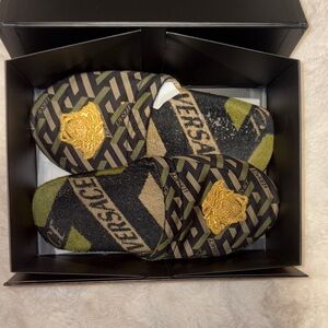 Versace Black and Gold Patterned Slippers